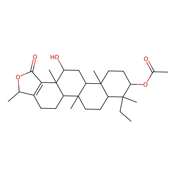 2D Structure of (8-ethyl-13-hydroxy-3,5b,8,11a,13a-pentamethyl-1-oxo-4,5,5a,6,7,7a,9,10,11,11b,12,13-dodecahydro-3H-phenanthro[2,1-e][2]benzofuran-9-yl) acetate