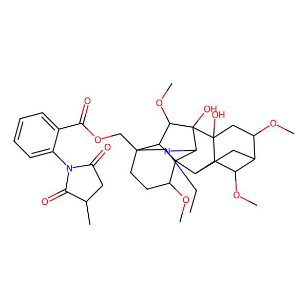 2D Structure of [(1S,2R,3R,4S,5R,6S,8R,9S,10S,13S,16S,17R,18R)-11-ethyl-8,9-dihydroxy-4,6,16,18-tetramethoxy-11-azahexacyclo[7.7.2.12,5.01,10.03,8.013,17]nonadecan-13-yl]methyl 2-[(3S)-3-methyl-2,5-dioxopyrrolidin-1-yl]benzoate