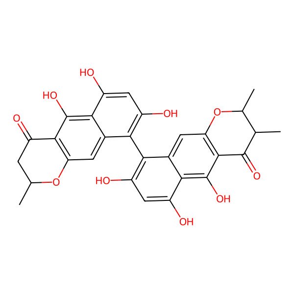 2D Structure of 5,6,8-Trihydroxy-2,3-dimethyl-9-(5,6,8-trihydroxy-2-methyl-4-oxo-2,3-dihydrobenzo[g]chromen-9-yl)-2,3-dihydrobenzo[g]chromen-4-one