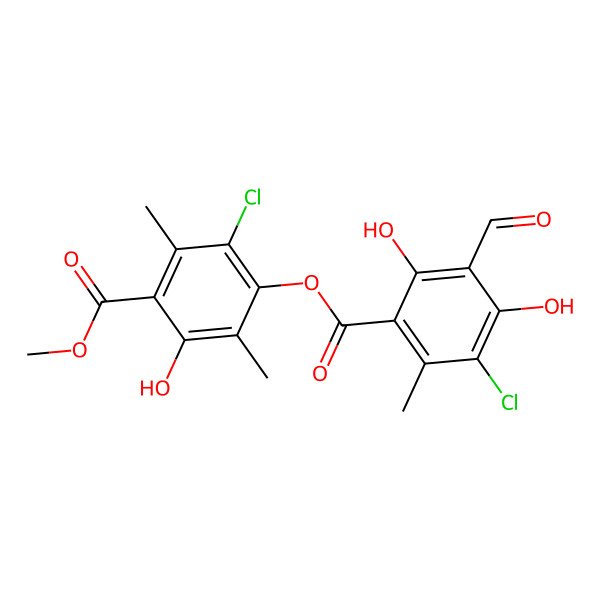 2D Structure of (2-Chloro-5-hydroxy-4-methoxycarbonyl-3,6-dimethylphenyl) 5-chloro-3-formyl-2,4-dihydroxy-6-methylbenzoate