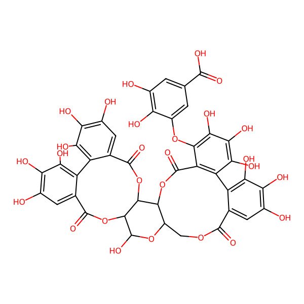 2D Structure of 3,4-dihydroxy-5-[[(1R,2S,19R,20S,22R)-7,8,9,12,13,14,20,28,29,30,33,34,35-tridecahydroxy-4,17,25,38-tetraoxo-3,18,21,24,39-pentaoxaheptacyclo[20.17.0.02,19.05,10.011,16.026,31.032,37]nonatriaconta-5,7,9,11,13,15,26,28,30,32(37),33,35-dodecaen-36-yl]oxy]benzoic acid