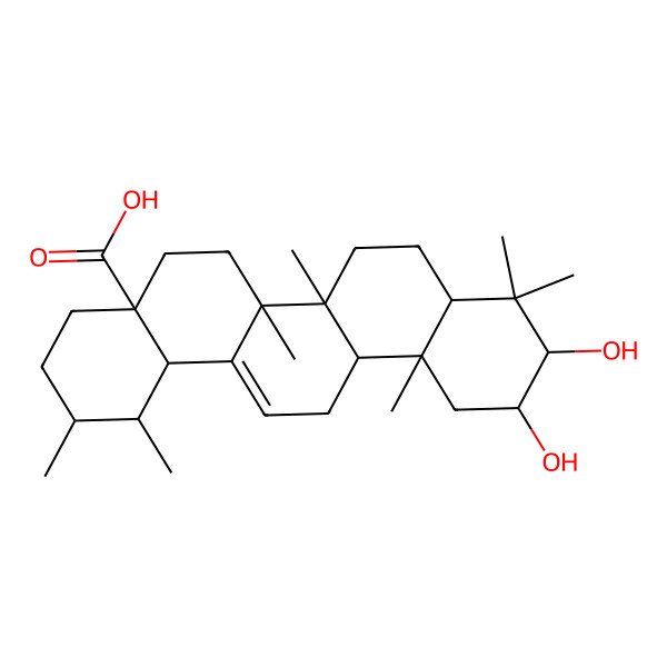 2D Structure of (1S,2R,4aS,6aS,6bR,10R,11R,12aR,14bS)-10,11-dihydroxy-1,2,6a,6b,9,9,12a-heptamethyl-2,3,4,5,6,6a,7,8,8a,10,11,12,13,14b-tetradecahydro-1H-picene-4a-carboxylic acid
