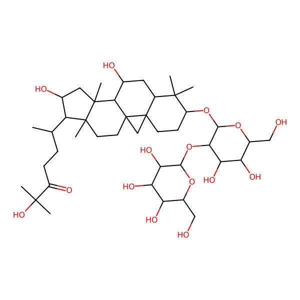 2D Structure of 6-[6-[4,5-Dihydroxy-6-(hydroxymethyl)-3-[3,4,5-trihydroxy-6-(hydroxymethyl)oxan-2-yl]oxyoxan-2-yl]oxy-10,14-dihydroxy-7,7,12,16-tetramethyl-15-pentacyclo[9.7.0.01,3.03,8.012,16]octadecanyl]-2-hydroxy-2-methylheptan-3-one