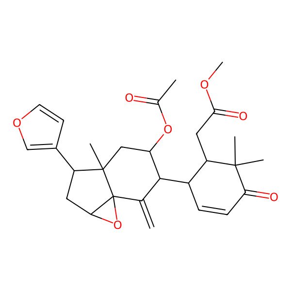 2D Structure of methyl 2-[(1R)-2-[(1aS,3S,3aS,5R,6R,7aS)-5-acetyloxy-3-(furan-3-yl)-3a-methyl-7-methylidene-1a,2,3,4,5,6-hexahydroindeno[1,7a-b]oxiren-6-yl]-6,6-dimethyl-5-oxocyclohex-3-en-1-yl]acetate
