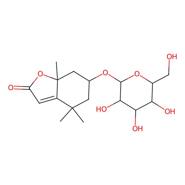 2D Structure of (6S,7aR)-4,4,7a-trimethyl-6-[(2S,3R,4S,5S,6R)-3,4,5-trihydroxy-6-(hydroxymethyl)oxan-2-yl]oxy-6,7-dihydro-5H-1-benzofuran-2-one