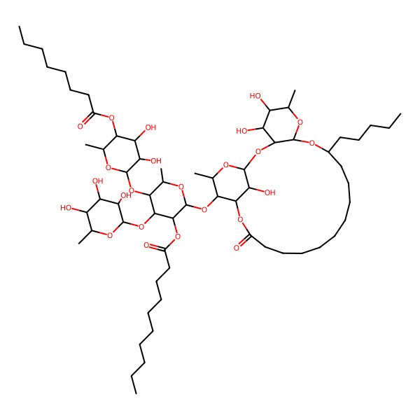 2D Structure of [(2S,3R,4R,5S,6S)-5-[(2S,3R,4S,5R,6S)-3,4-dihydroxy-6-methyl-5-octanoyloxyoxan-2-yl]oxy-6-methyl-2-[[(1S,3R,4S,5R,6R,8R,10S,22S,23S,24S,26R)-4,5,26-trihydroxy-6,24-dimethyl-20-oxo-10-pentyl-2,7,9,21,25-pentaoxatricyclo[20.3.1.03,8]hexacosan-23-yl]oxy]-4-[(2S,3R,4R,5R,6S)-3,4,5-trihydroxy-6-methyloxan-2-yl]oxyoxan-3-yl] decanoate