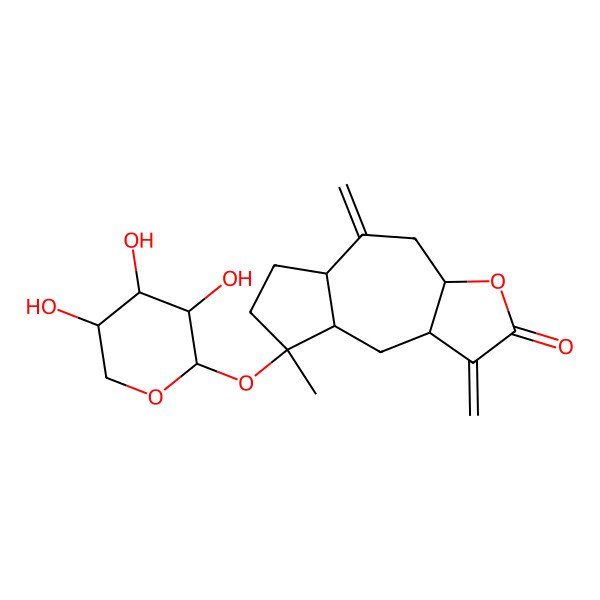 2D Structure of 8-Methyl-1,5-dimethylidene-8-(3,4,5-trihydroxyoxan-2-yl)oxy-3a,4,5a,6,7,8a,9,9a-octahydroazuleno[6,5-b]furan-2-one