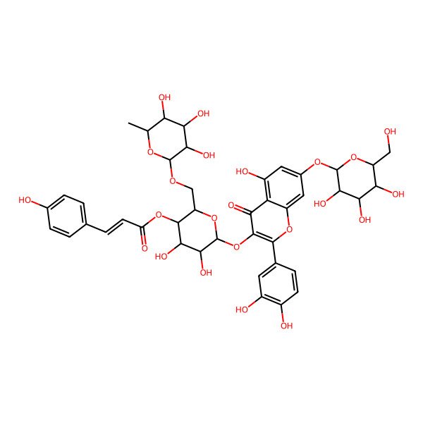 2D Structure of [(2S,3R,4S,5R,6S)-6-[2-(3,4-dihydroxyphenyl)-5-hydroxy-4-oxo-7-[(2S,3R,4S,5S,6S)-3,4,5-trihydroxy-6-(hydroxymethyl)oxan-2-yl]oxychromen-3-yl]oxy-4,5-dihydroxy-2-[[(2R,3S,4S,5R,6R)-3,4,5-trihydroxy-6-methyloxan-2-yl]oxymethyl]oxan-3-yl] (Z)-3-(4-hydroxyphenyl)prop-2-enoate