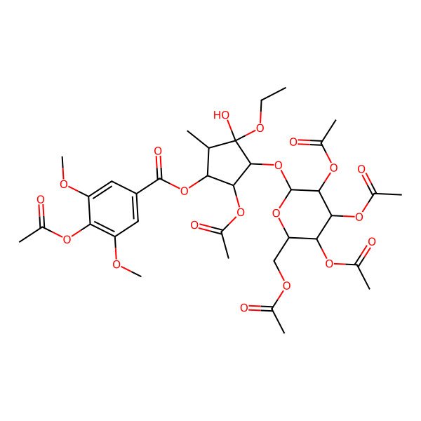 2D Structure of [5-Acetyloxy-3-ethoxy-3-hydroxy-2-methyl-4-[3,4,5-triacetyloxy-6-(acetyloxymethyl)oxan-2-yl]oxycyclopentyl] 4-acetyloxy-3,5-dimethoxybenzoate