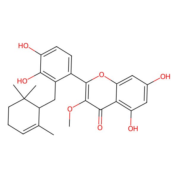 2D Structure of 2-[3,4-Dihydroxy-2-[(2,6,6-trimethylcyclohex-2-en-1-yl)methyl]phenyl]-5,7-dihydroxy-3-methoxychromen-4-one