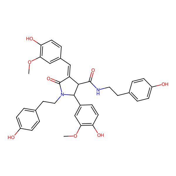2D Structure of 2-(4-hydroxy-3-methoxyphenyl)-4-[(4-hydroxy-3-methoxyphenyl)methylidene]-N,1-bis[2-(4-hydroxyphenyl)ethyl]-5-oxopyrrolidine-3-carboxamide