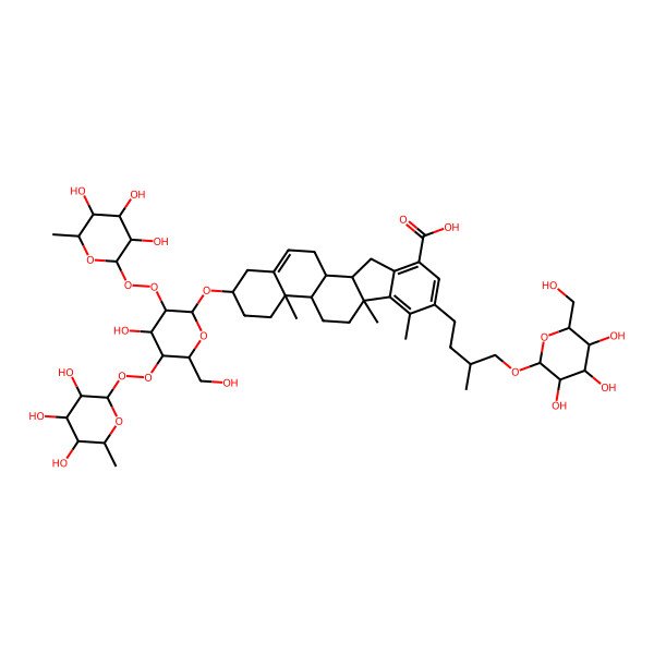 2D Structure of (2S,4aR,4bS,6aS,11aS,11bR)-2-[(2R,3R,4S,5S,6R)-4-hydroxy-6-(hydroxymethyl)-3,5-bis[[(2S,3R,4R,5R,6S)-3,4,5-trihydroxy-6-methyloxan-2-yl]peroxy]oxan-2-yl]oxy-4a,6a,7-trimethyl-8-[3-methyl-4-[(2R,3R,4S,5S,6R)-3,4,5-trihydroxy-6-(hydroxymethyl)oxan-2-yl]oxybutyl]-2,3,4,4b,5,6,11,11a,11b,12-decahydro-1H-indeno[2,1-a]phenanthrene-10-carboxylic acid