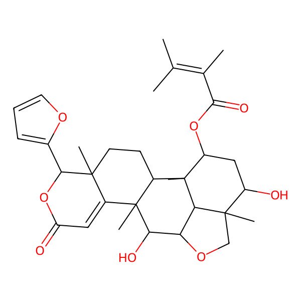 2D Structure of [(1R,2R,5R,6R,11R,12S,13R,16R,17R,19S,20R)-6-(furan-2-yl)-12,17-dihydroxy-1,5,11,16-tetramethyl-8-oxo-7,14-dioxapentacyclo[11.6.1.02,11.05,10.016,20]icos-9-en-19-yl] 2,3-dimethylbut-2-enoate
