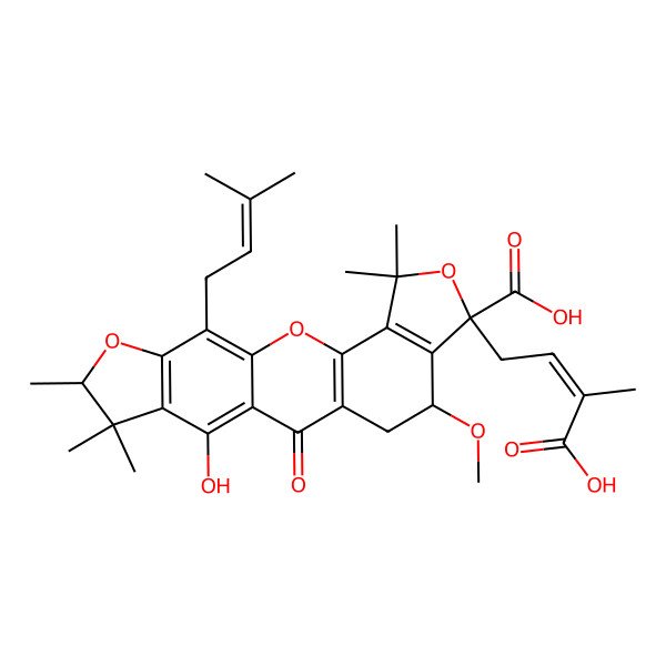 2D Structure of (7R,9R,17S)-7-[(E)-3-carboxybut-2-enyl]-14-hydroxy-9-methoxy-5,5,16,16,17-pentamethyl-20-(3-methylbut-2-enyl)-12-oxo-2,6,18-trioxapentacyclo[11.7.0.03,11.04,8.015,19]icosa-1(20),3(11),4(8),13,15(19)-pentaene-7-carboxylic acid