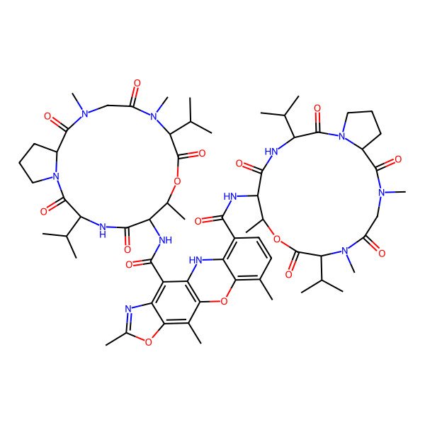 2D Structure of 2,9,11-trimethyl-6-N-[(3R,6S,7R,10S,16R)-7,11,14-trimethyl-2,5,9,12,15-pentaoxo-3,10-di(propan-2-yl)-8-oxa-1,4,11,14-tetrazabicyclo[14.3.0]nonadecan-6-yl]-4-N-[(3R,6R,7R,10S,16S)-7,11,14-trimethyl-2,5,9,12,15-pentaoxo-3,10-di(propan-2-yl)-8-oxa-1,4,11,14-tetrazabicyclo[14.3.0]nonadecan-6-yl]-5H-[1,3]oxazolo[4,5-b]phenoxazine-4,6-dicarboxamide