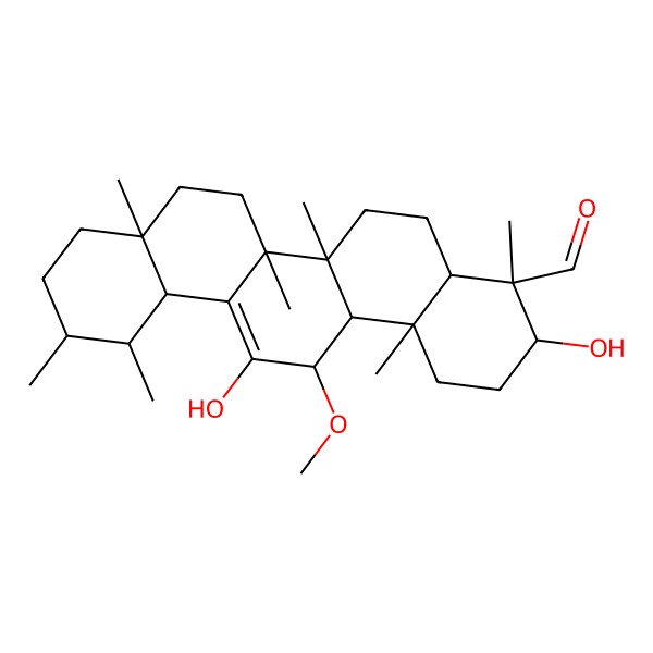 2D Structure of 3,13-dihydroxy-14-methoxy-4,6a,6b,8a,11,12,14b-heptamethyl-2,3,4a,5,6,7,8,9,10,11,12,12a,14,14a-tetradecahydro-1H-picene-4-carbaldehyde