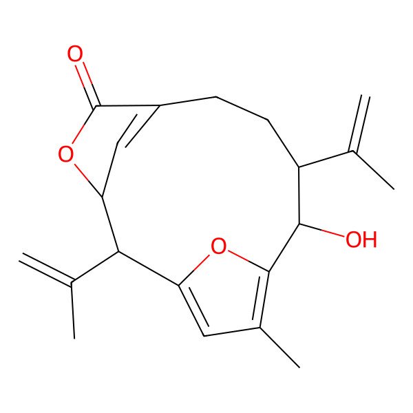 2D Structure of 10-Hydroxy-12-methyl-2,9-bis(prop-1-en-2-yl)-4,14-dioxatricyclo[9.2.1.13,6]pentadeca-1(13),6(15),11-trien-5-one