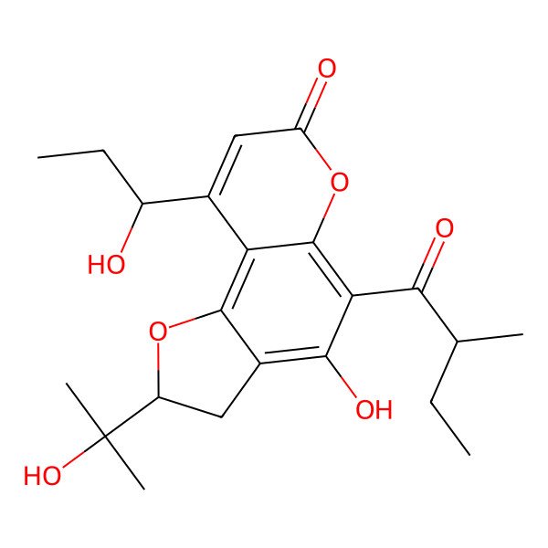 2D Structure of (2S)-4-hydroxy-2-(2-hydroxypropan-2-yl)-9-[(1S)-1-hydroxypropyl]-5-[(2S)-2-methylbutanoyl]-2,3-dihydrofuro[2,3-f]chromen-7-one