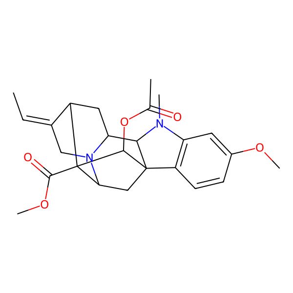 2D Structure of methyl (1R,9S,10S,12S,13E,16S,17R,18S)-18-acetyloxy-13-ethylidene-5-methoxy-8-methyl-8,15-diazahexacyclo[14.2.1.01,9.02,7.010,15.012,17]nonadeca-2(7),3,5-triene-17-carboxylate