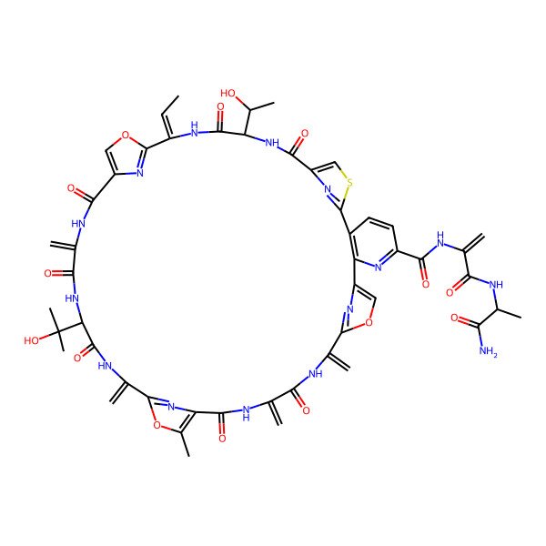 2D Structure of N-[3-[(1-amino-1-oxopropan-2-yl)amino]-3-oxoprop-1-en-2-yl]-17-ethylidene-14-(1-hydroxyethyl)-27-(2-hydroxypropan-2-yl)-33-methyl-24,30,37,40-tetramethylidene-12,15,22,25,28,35,38-heptaoxo-19,32,42-trioxa-9-thia-3,13,16,23,26,29,36,39,44,45,46,47-dodecazahexacyclo[39.2.1.18,11.118,21.131,34.02,7]heptatetraconta-1(43),2(7),3,5,8(47),10,18(46),20,31(45),33,41(44)-undecaene-4-carboxamide