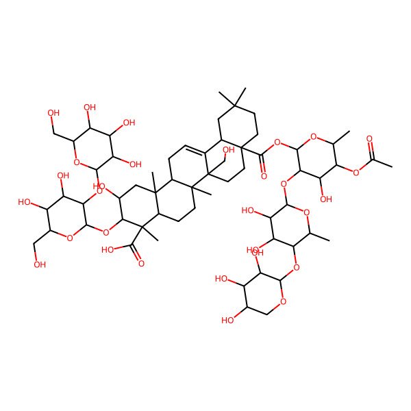 2D Structure of (2S,3R,4S,4aR,6aR,6bR,8aS,12aS,14aR,14bR)-8a-[(2S,3R,4S,5R,6R)-5-acetyloxy-3-[(2S,3R,4S,5R,6S)-3,4-dihydroxy-6-methyl-5-[(2S,3R,4S,5R)-3,4,5-trihydroxyoxan-2-yl]oxyoxan-2-yl]oxy-4-hydroxy-6-methyloxan-2-yl]oxycarbonyl-3-[(2R,3R,4S,5S,6R)-4,5-dihydroxy-6-(hydroxymethyl)-3-[(2S,3R,4S,5S,6R)-3,4,5-trihydroxy-6-(hydroxymethyl)oxan-2-yl]oxyoxan-2-yl]oxy-2-hydroxy-6b-(hydroxymethyl)-4,6a,11,11,14b-pentamethyl-1,2,3,4a,5,6,7,8,9,10,12,12a,14,14a-tetradecahydropicene-4-carboxylic acid