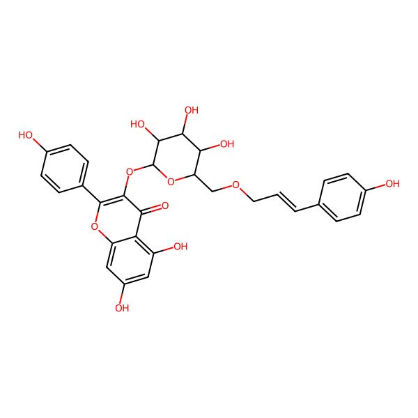 2D Structure of 5,7-dihydroxy-2-(4-hydroxyphenyl)-3-[(2S,3R,4S,5S,6R)-3,4,5-trihydroxy-6-[[(E)-3-(4-hydroxyphenyl)prop-2-enoxy]methyl]oxan-2-yl]oxychromen-4-one