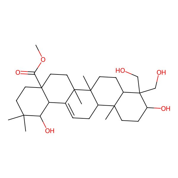 2D Structure of methyl (1S,4aR,6aS,6bR,10S,12aR)-1,10-dihydroxy-9,9-bis(hydroxymethyl)-2,2,6a,6b,12a-pentamethyl-1,3,4,5,6,6a,7,8,8a,10,11,12,13,14b-tetradecahydropicene-4a-carboxylate