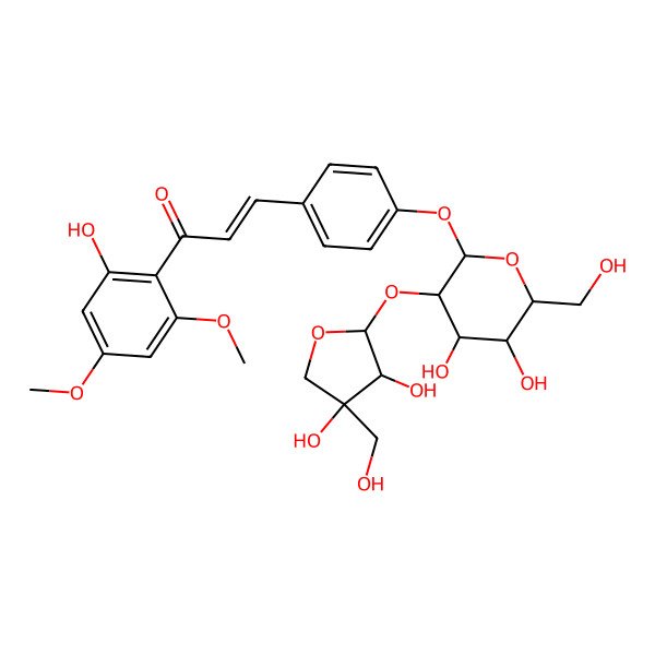 2D Structure of (E)-3-[4-[(2S,3R,4S,5S,6S)-3-[(2S,3S,4R)-3,4-dihydroxy-4-(hydroxymethyl)oxolan-2-yl]oxy-4,5-dihydroxy-6-(hydroxymethyl)oxan-2-yl]oxyphenyl]-1-(2-hydroxy-4,6-dimethoxyphenyl)prop-2-en-1-one