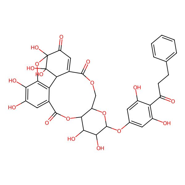 2D Structure of 10-[3,5-Dihydroxy-4-(3-phenylpropanoyl)phenoxy]-1,11,12,18,19,23,23-heptahydroxy-6,9,14,24-tetraoxapentacyclo[18.3.1.04,22.08,13.016,21]tetracosa-3,16,18,20-tetraene-2,5,15-trione