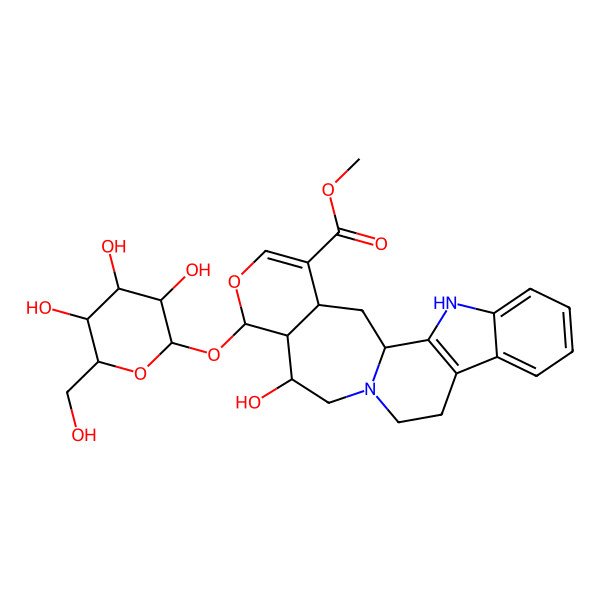 2D Structure of methyl (1S,15S,16S,17S,21S)-15-hydroxy-17-[(2S,3S,4S,5S,6S)-3,4,5-trihydroxy-6-(hydroxymethyl)oxan-2-yl]oxy-18-oxa-3,13-diazapentacyclo[11.9.0.02,10.04,9.016,21]docosa-2(10),4,6,8,19-pentaene-20-carboxylate