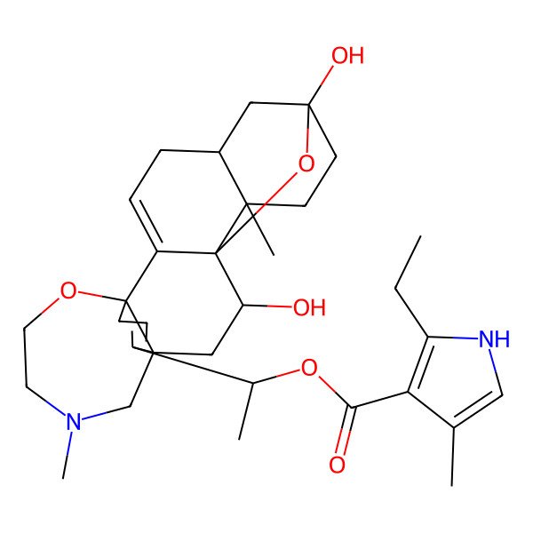 2D Structure of 1-(9,12-dihydroxy-6,16-dimethyl-10,19-dioxa-16-azahexacyclo[12.5.3.15,9.01,14.02,11.06,11]tricosa-2,21-dien-22-yl)ethyl 2-ethyl-4-methyl-1H-pyrrole-3-carboxylate