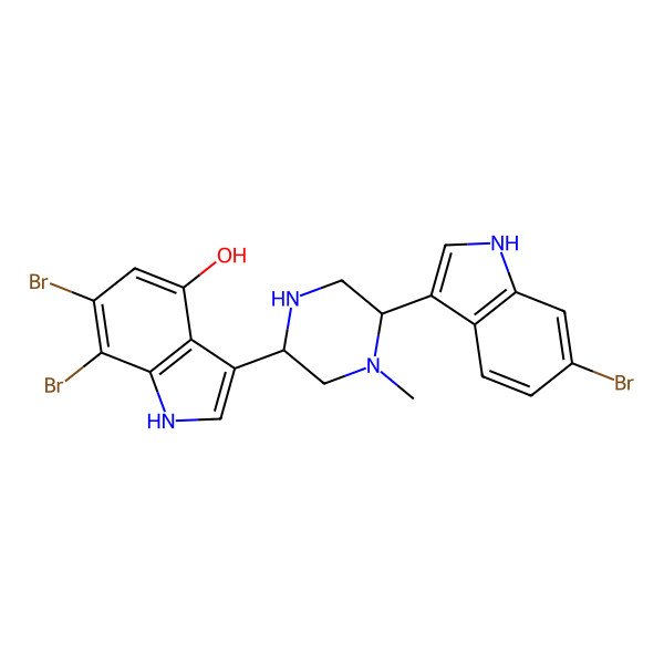 2D Structure of 6,7-Dibromo-3-[(2S,5R)-5-(6-bromo-1H-indol-3-yl)-4-methyl-piperazin-2-yl]-1H-indol-4-ol