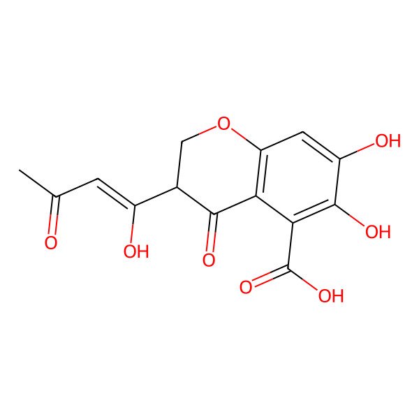 2D Structure of 6,7-Dihydroxy-3-(1-hydroxy-3-oxobut-1-enyl)-4-oxo-2,3-dihydrochromene-5-carboxylic acid
