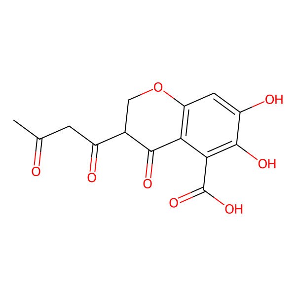 2D Structure of 6,7-Dihydroxy-4-oxo-3-(3-oxobutanoyl)-2,3-dihydrochromene-5-carboxylic acid