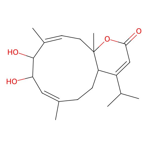 2D Structure of 6,7-Dihydroxy-4,8,11-trimethyl-15-propan-2-yl-12-oxabicyclo[9.4.0]pentadeca-4,8,14-trien-13-one