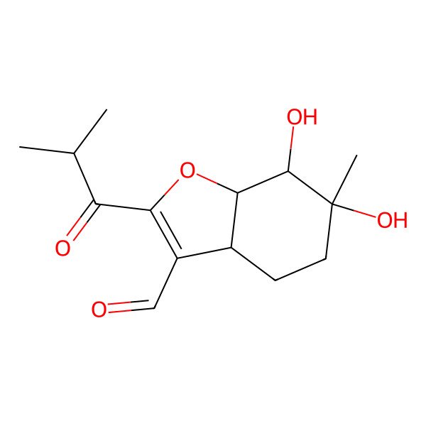 2D Structure of 6,7-dihydroxy-6-methyl-2-(2-methylpropanoyl)-4,5,7,7a-tetrahydro-3aH-1-benzofuran-3-carbaldehyde