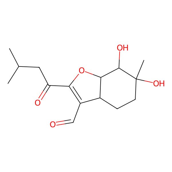 2D Structure of 6,7-dihydroxy-6-methyl-2-(3-methylbutanoyl)-4,5,7,7a-tetrahydro-3aH-1-benzofuran-3-carbaldehyde