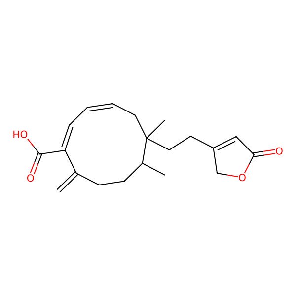 2D Structure of 6,7-dimethyl-10-methylidene-6-[2-(5-oxo-2H-furan-3-yl)ethyl]cyclodeca-1,3-diene-1-carboxylic acid