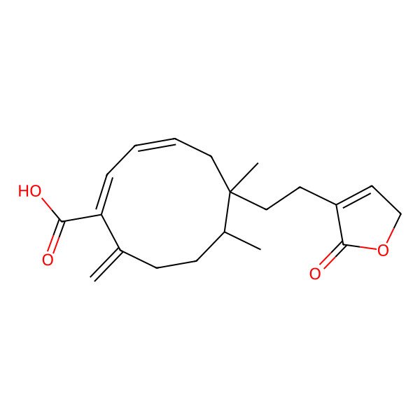 2D Structure of 6,7-dimethyl-10-methylidene-6-[2-(5-oxo-2H-furan-4-yl)ethyl]cyclodeca-1,3-diene-1-carboxylic acid