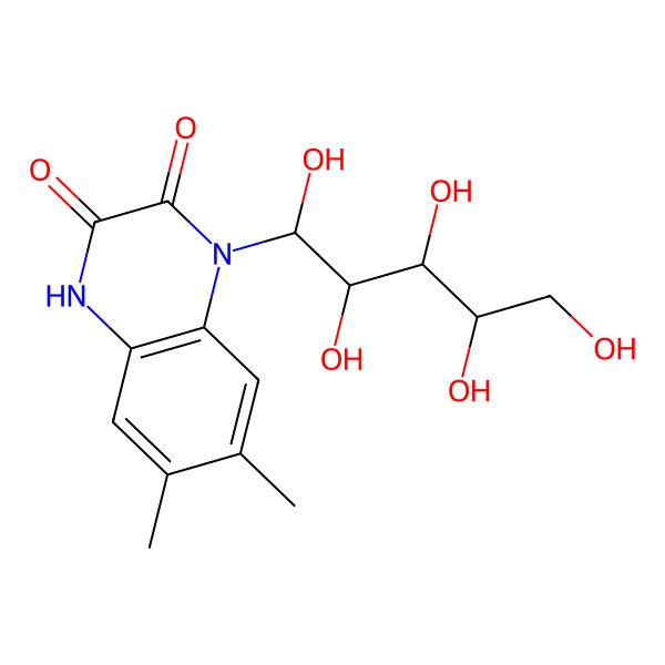 2D Structure of 6,7-dimethyl-4-[(1S,2R,3R,4R)-1,2,3,4,5-pentahydroxypentyl]-1H-quinoxaline-2,3-dione
