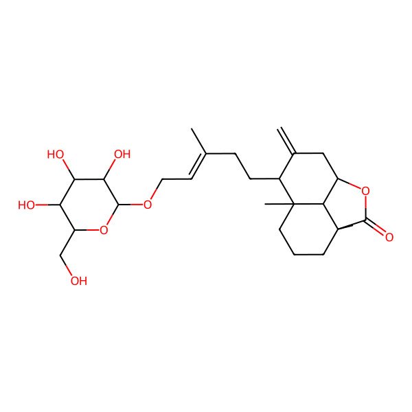 2D Structure of (1S,4S,8R,9S,12R)-4,8-dimethyl-10-methylidene-9-[(E)-3-methyl-5-[(2R,3R,4S,5S,6R)-3,4,5-trihydroxy-6-(hydroxymethyl)oxan-2-yl]oxypent-3-enyl]-2-oxatricyclo[6.3.1.04,12]dodecan-3-one