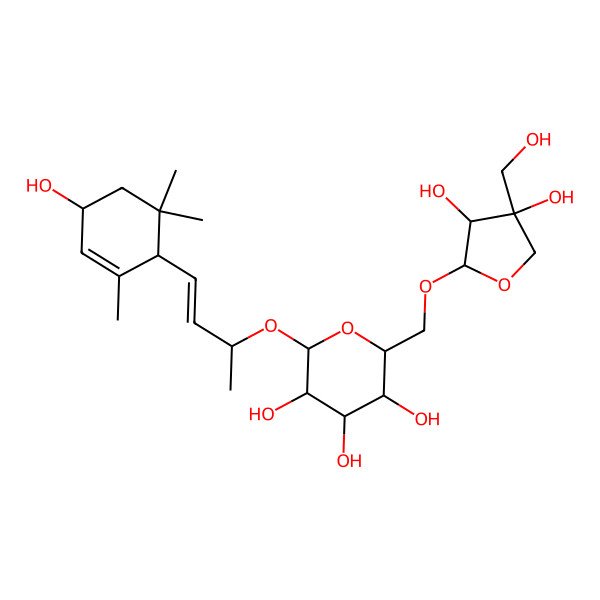 2D Structure of (2R,3S,4S,5R,6S)-2-[[(2R,3R,4R)-3,4-dihydroxy-4-(hydroxymethyl)oxolan-2-yl]oxymethyl]-6-[(E,2R)-4-[(1R,4S)-4-hydroxy-2,6,6-trimethylcyclohex-2-en-1-yl]but-3-en-2-yl]oxyoxane-3,4,5-triol