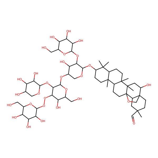 2D Structure of (1S,2R,4S,5R,8R,10S,13R,14R,17S,18R,20S)-2-hydroxy-10-[(2S,3R,4S,5S)-4-hydroxy-5-[(2S,3R,4S,5R,6R)-5-hydroxy-6-(hydroxymethyl)-4-[(2S,3R,4S,5S,6R)-3,4,5-trihydroxy-6-(hydroxymethyl)oxan-2-yl]peroxy-3-[(2S,3R,4S,5R)-3,4,5-trihydroxyoxan-2-yl]oxyoxan-2-yl]oxy-3-[(2S,3R,4S,5S,6R)-3,4,5-trihydroxy-6-(hydroxymethyl)oxan-2-yl]oxyoxan-2-yl]oxy-4,5,9,9,13,20-hexamethyl-24-oxahexacyclo[15.5.2.01,18.04,17.05,14.08,13]tetracosane-20-carbaldehyde
