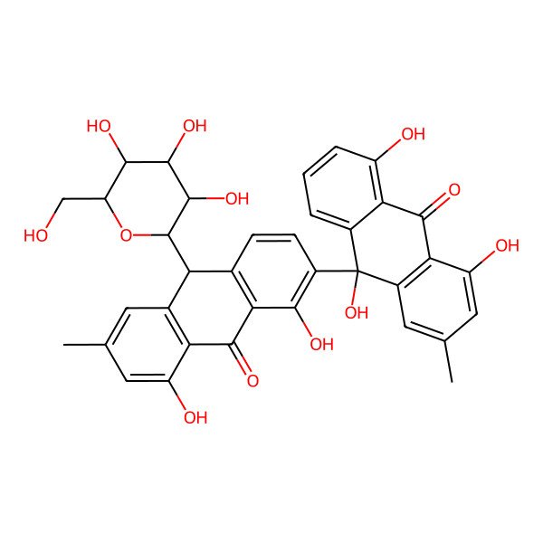 2D Structure of (10S)-10-[(10R)-1,8-dihydroxy-6-methyl-9-oxo-10-[(2S,3R,4R,5S,6R)-3,4,5-trihydroxy-6-(hydroxymethyl)oxan-2-yl]-10H-anthracen-2-yl]-1,8,10-trihydroxy-3-methylanthracen-9-one