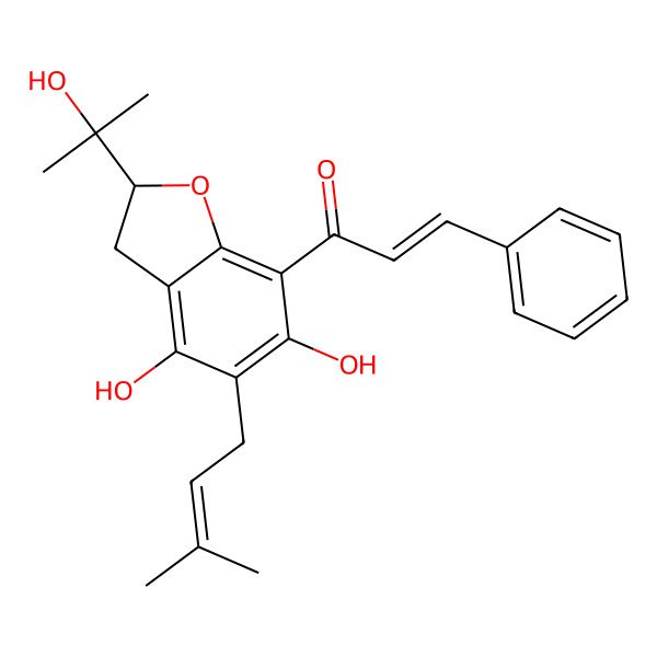 2D Structure of (E)-1-[(2R)-4,6-dihydroxy-2-(2-hydroxypropan-2-yl)-5-(3-methylbut-2-enyl)-2,3-dihydro-1-benzofuran-7-yl]-3-phenylprop-2-en-1-one