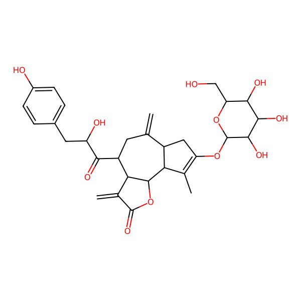 2D Structure of (3aR,4R,6aR,9aR,9bR)-4-[2-hydroxy-3-(4-hydroxyphenyl)propanoyl]-9-methyl-3,6-dimethylidene-8-[(2S,3R,4S,5S,6R)-3,4,5-trihydroxy-6-(hydroxymethyl)oxan-2-yl]oxy-4,5,6a,7,9a,9b-hexahydro-3aH-azuleno[4,5-b]furan-2-one