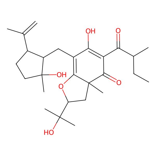 2D Structure of (2R,3aR)-6-hydroxy-7-[[(1S,2R)-2-hydroxy-2-methyl-5-prop-1-en-2-ylcyclopentyl]methyl]-2-(2-hydroxypropan-2-yl)-3a-methyl-5-(2-methylbutanoyl)-2,3-dihydro-1-benzofuran-4-one