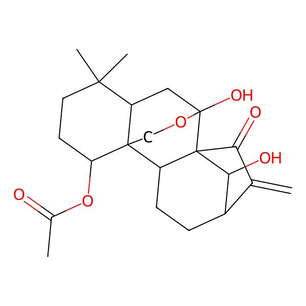 2D Structure of (9,18-Dihydroxy-12,12-dimethyl-6-methylidene-7-oxo-17-oxapentacyclo[7.6.2.15,8.01,11.02,8]octadecan-15-yl) acetate