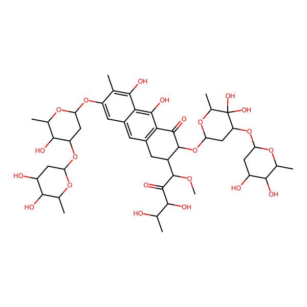 2D Structure of 3-(3,4-dihydroxy-1-methoxy-2-oxopentyl)-2-[4-(4,5-dihydroxy-6-methyloxan-2-yl)oxy-5,5-dihydroxy-6-methyloxan-2-yl]oxy-6-[4-(4,5-dihydroxy-6-methyloxan-2-yl)oxy-5-hydroxy-6-methyloxan-2-yl]oxy-8,9-dihydroxy-7-methyl-3,4-dihydro-2H-anthracen-1-one