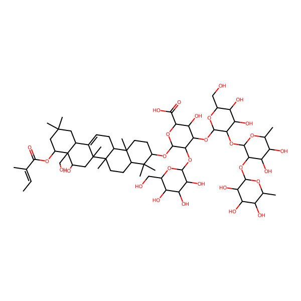 2D Structure of (2S,3S,4S,5R,6R)-6-[[(3S,4aR,6aR,6bS,8R,8aR,9R,12aS,14aR,14bR)-8-hydroxy-8a-(hydroxymethyl)-4,4,6a,6b,11,11,14b-heptamethyl-9-[(Z)-2-methylbut-2-enoyl]oxy-1,2,3,4a,5,6,7,8,9,10,12,12a,14,14a-tetradecahydropicen-3-yl]oxy]-4-[(2S,3R,4S,5R,6R)-3-[(2S,3R,4R,5R,6S)-4,5-dihydroxy-6-methyl-3-[(2S,3R,4R,5R,6S)-3,4,5-trihydroxy-6-methyloxan-2-yl]oxyoxan-2-yl]oxy-4,5-dihydroxy-6-(hydroxymethyl)oxan-2-yl]oxy-3-hydroxy-5-[(2S,3R,4S,5R,6R)-3,4,5-trihydroxy-6-(hydroxymethyl)oxan-2-yl]oxyoxane-2-carboxylic acid